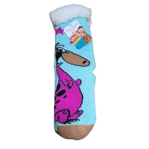 New FLINTSTONES Ladies SHERPA LINED SLIPPER SOCKS GRIPPER BOTTOM DINO - Picture 1 of 6
